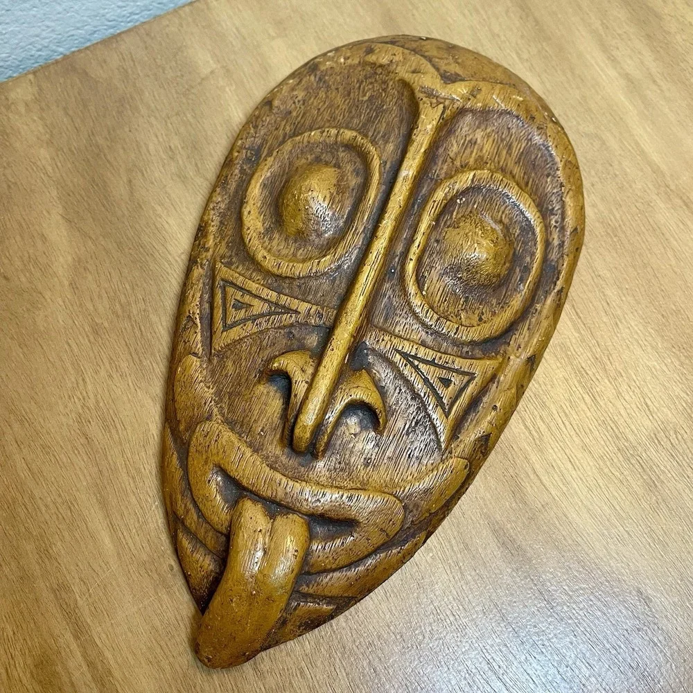 Vintage Ethnic Mask Native Tribal Heavy Back Hanger Faux Wood Grain Design
